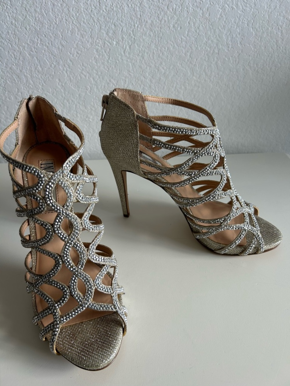 INC International Concepts Roriee Champagne Sparkle Cage High-heel, Size 6.5